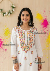 Ameena Cotton White Multi Chikankari Kurti
