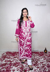 Heena Modal Magenta Chikankari Kurti | chicken curry kurta | lakhnavi kurti | lucknow chikan kurti | house of chikankari