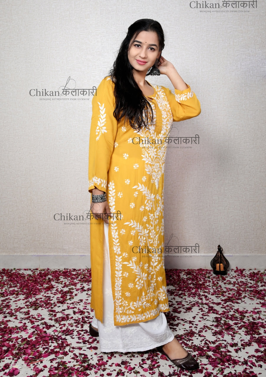 Heena Modal Mustard Chikankari Kurta | chicken curry kurti | lakhnavi kurti | lucknow chikan kurti | house of chikankari