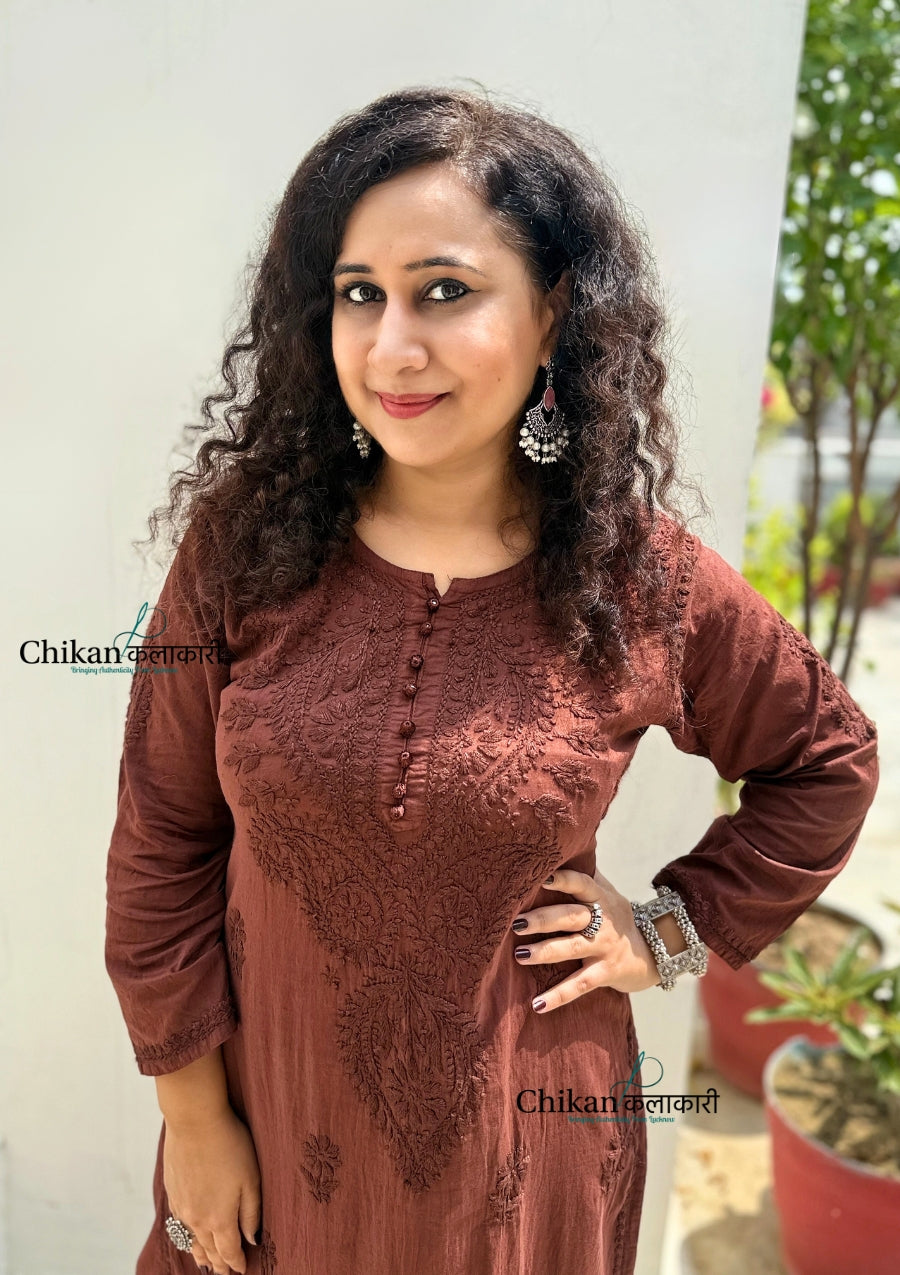 Heer Cotton Chikankari Kurti Set - Brown