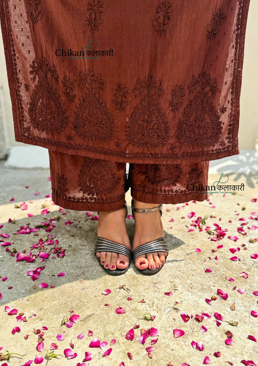 Heer Cotton Chikankari Kurti Set - Brown