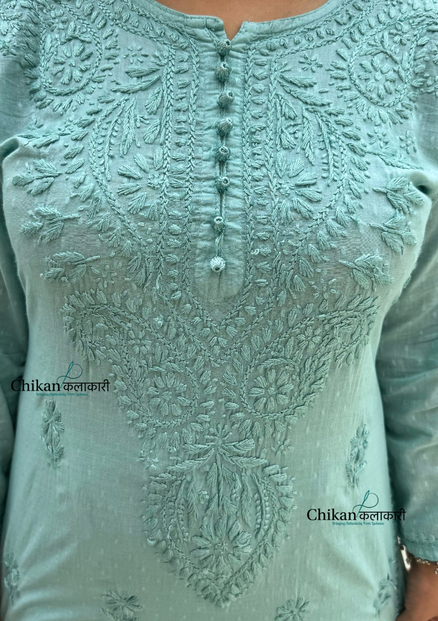 Heer Cotton Chikankari Kurti Set - English Green