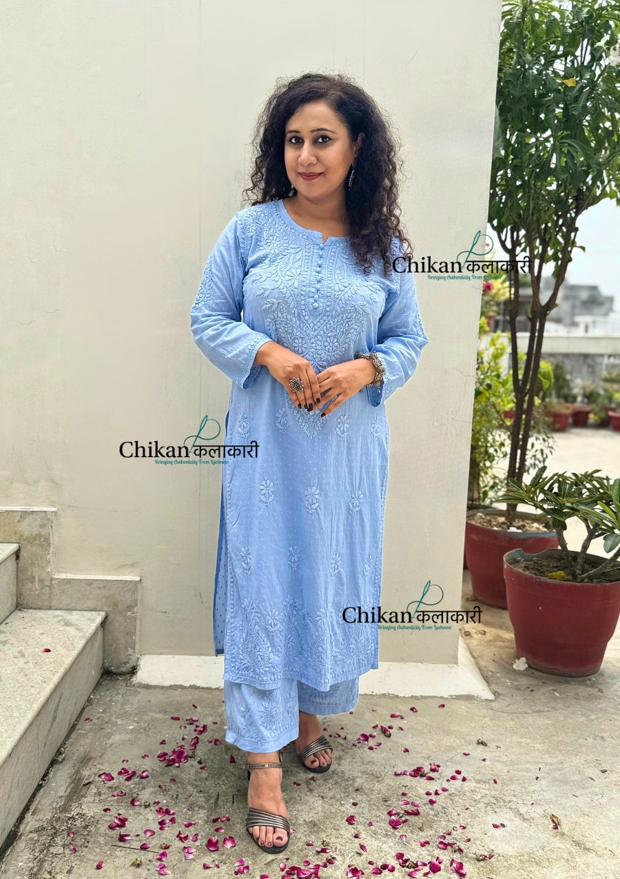 Heer Cotton Chikankari Kurti Set - Powder Blue