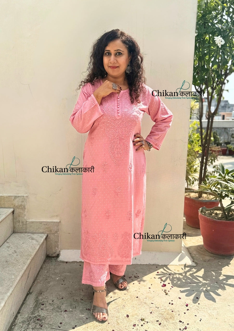Heer Cotton Chikankari Kurti Set - Pastel Pink