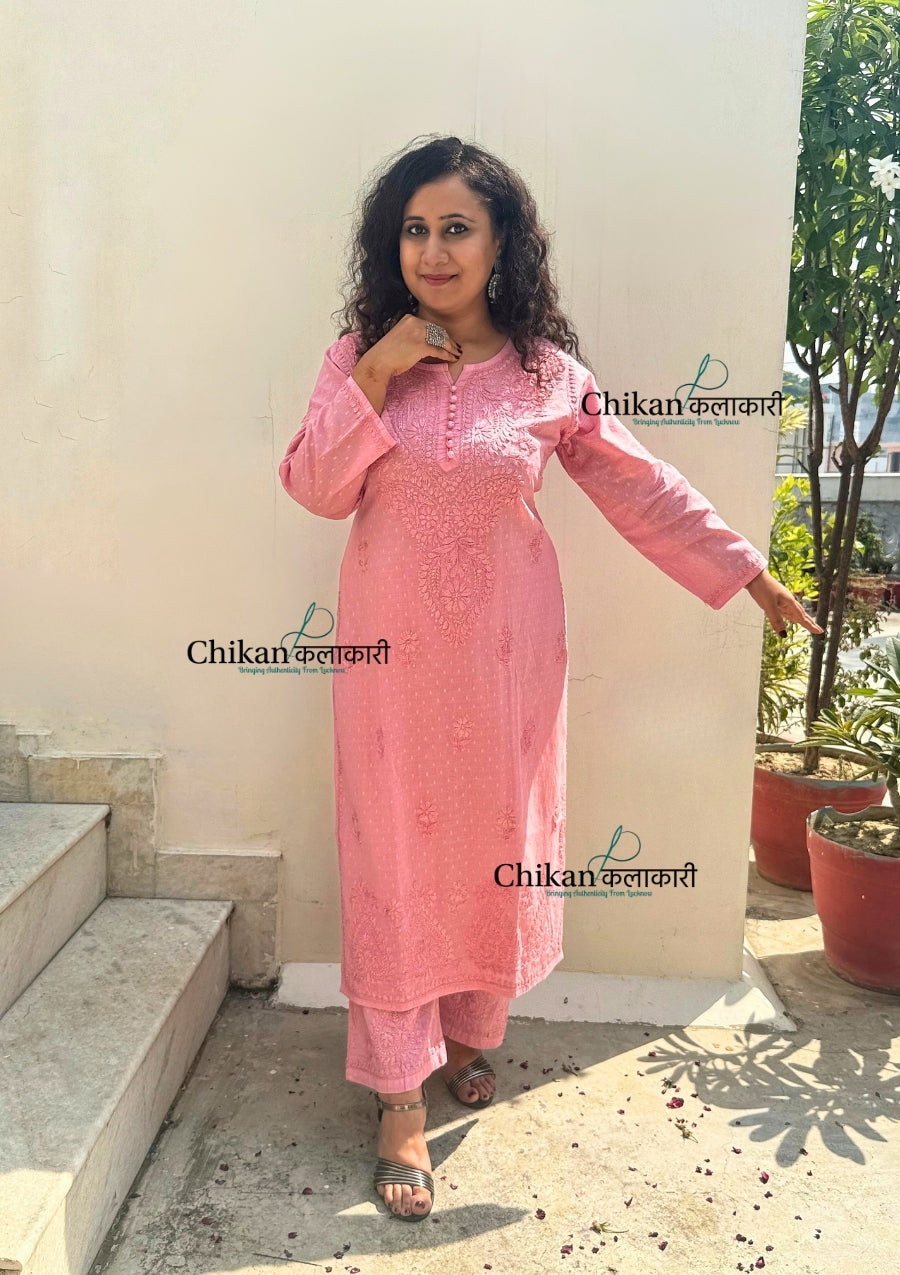 Heer Cotton Chikankari Kurti Set - Pastel Pink