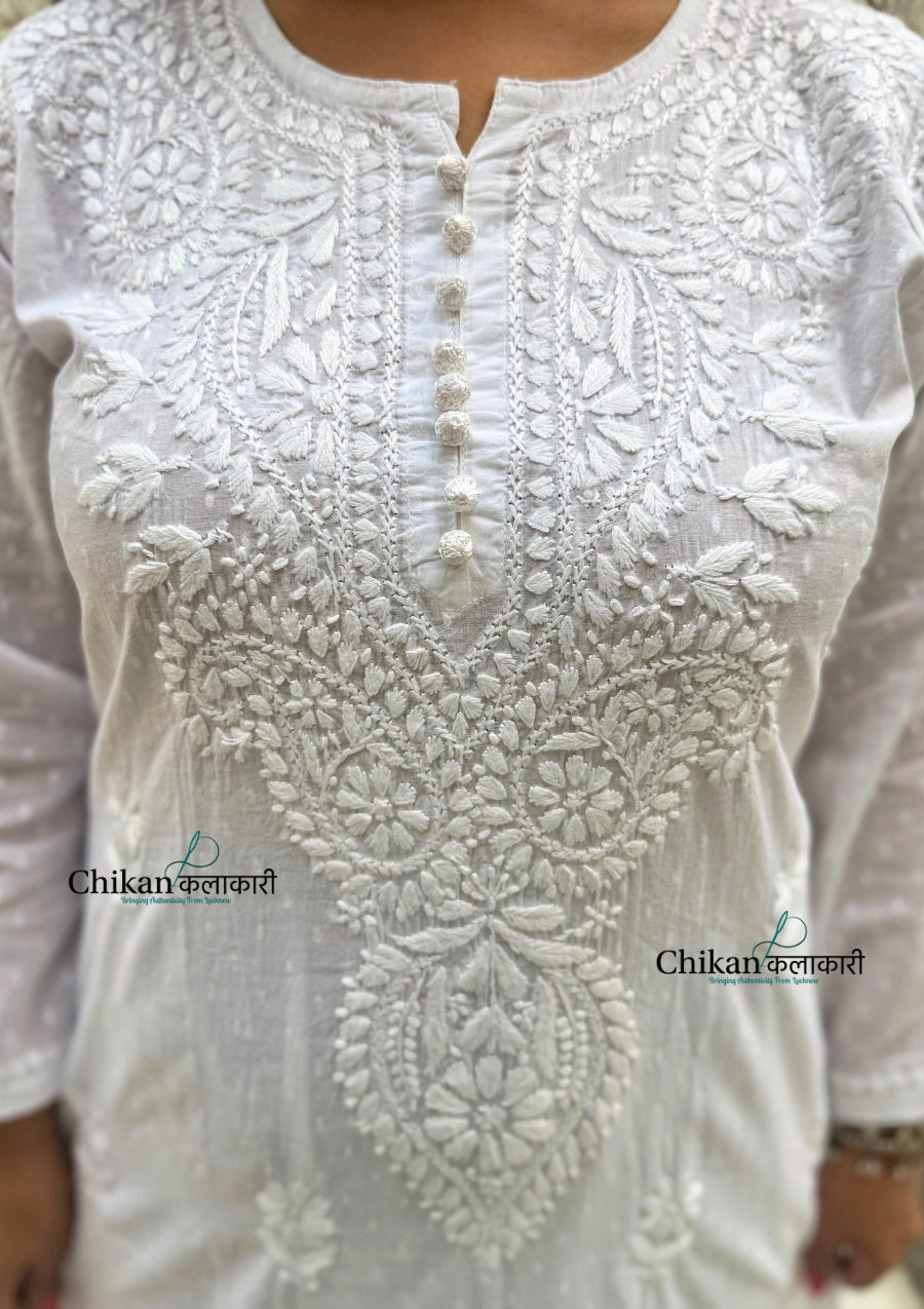Heer Cotton Chikankari Kurti Set - White