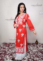 Hoor Modal Red Chikankari Kurti | lucknow chikan kurti | lakhnavi kurti | chicken curry kurta | house of chikankari