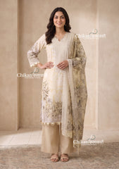 Ibaadat Beige Cotton Straight Suit Set With Dupatta