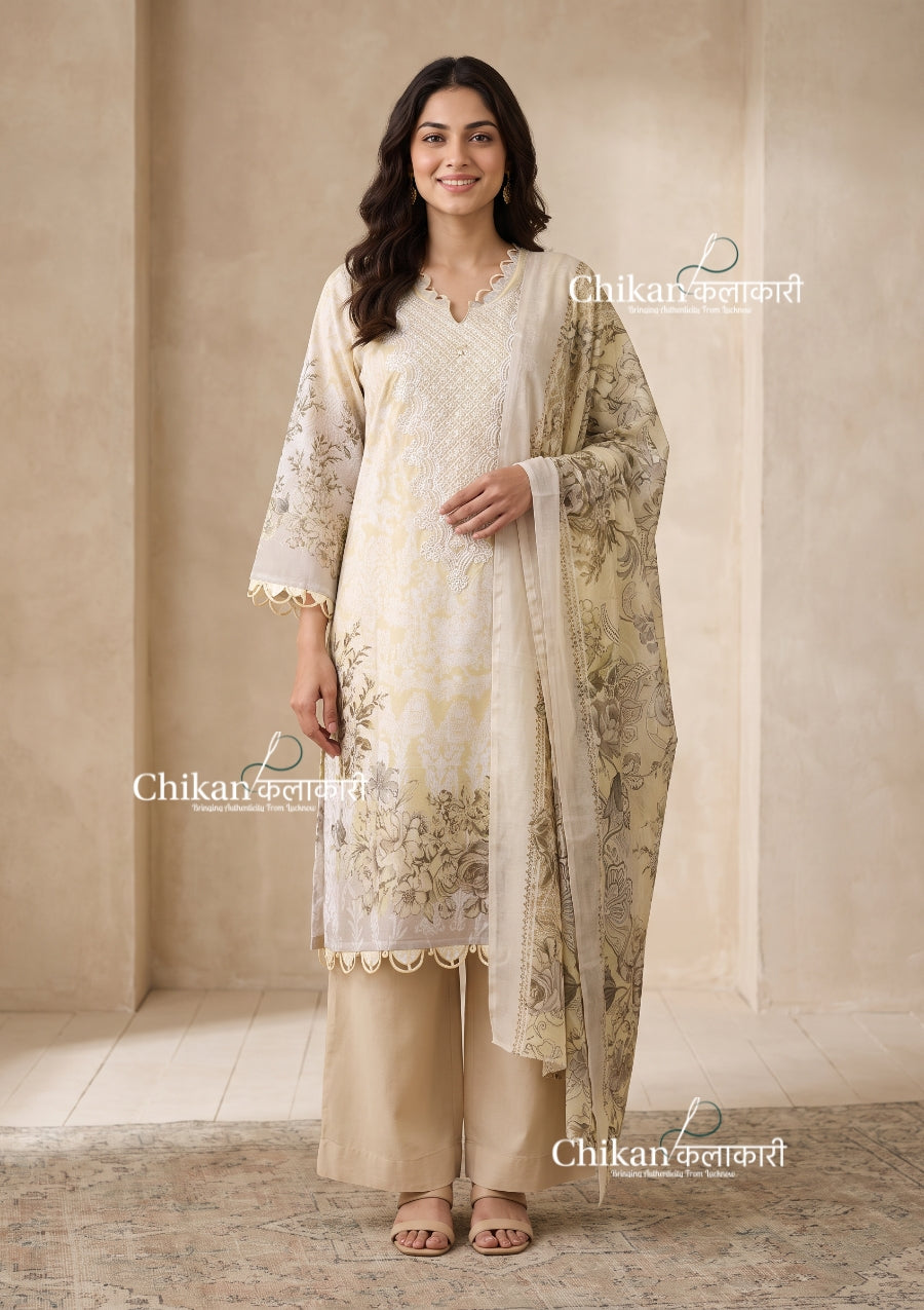 Ibaadat Beige Cotton Straight Suit Set With Dupatta