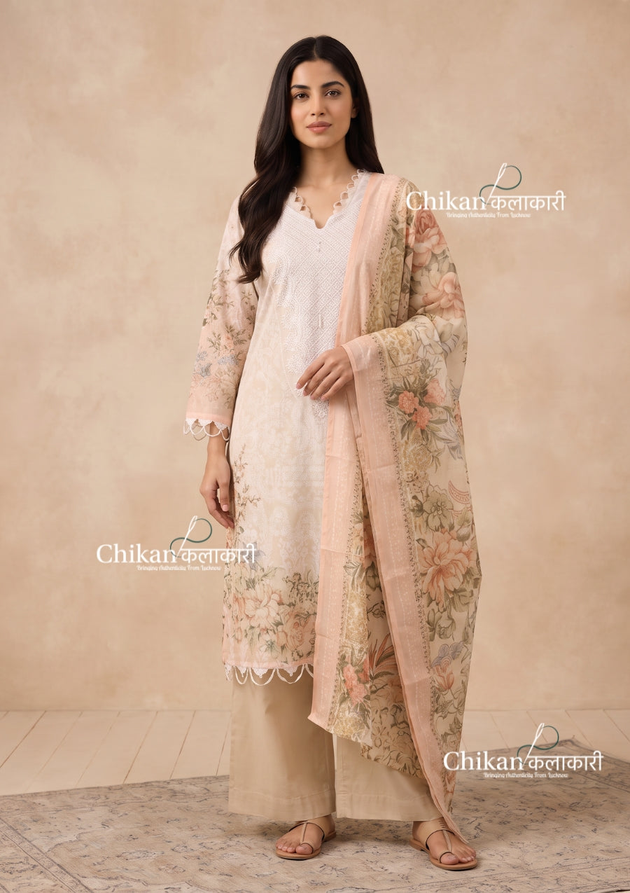 Ibaadat Cream Cotton Straight Suit Set With Dupatta
