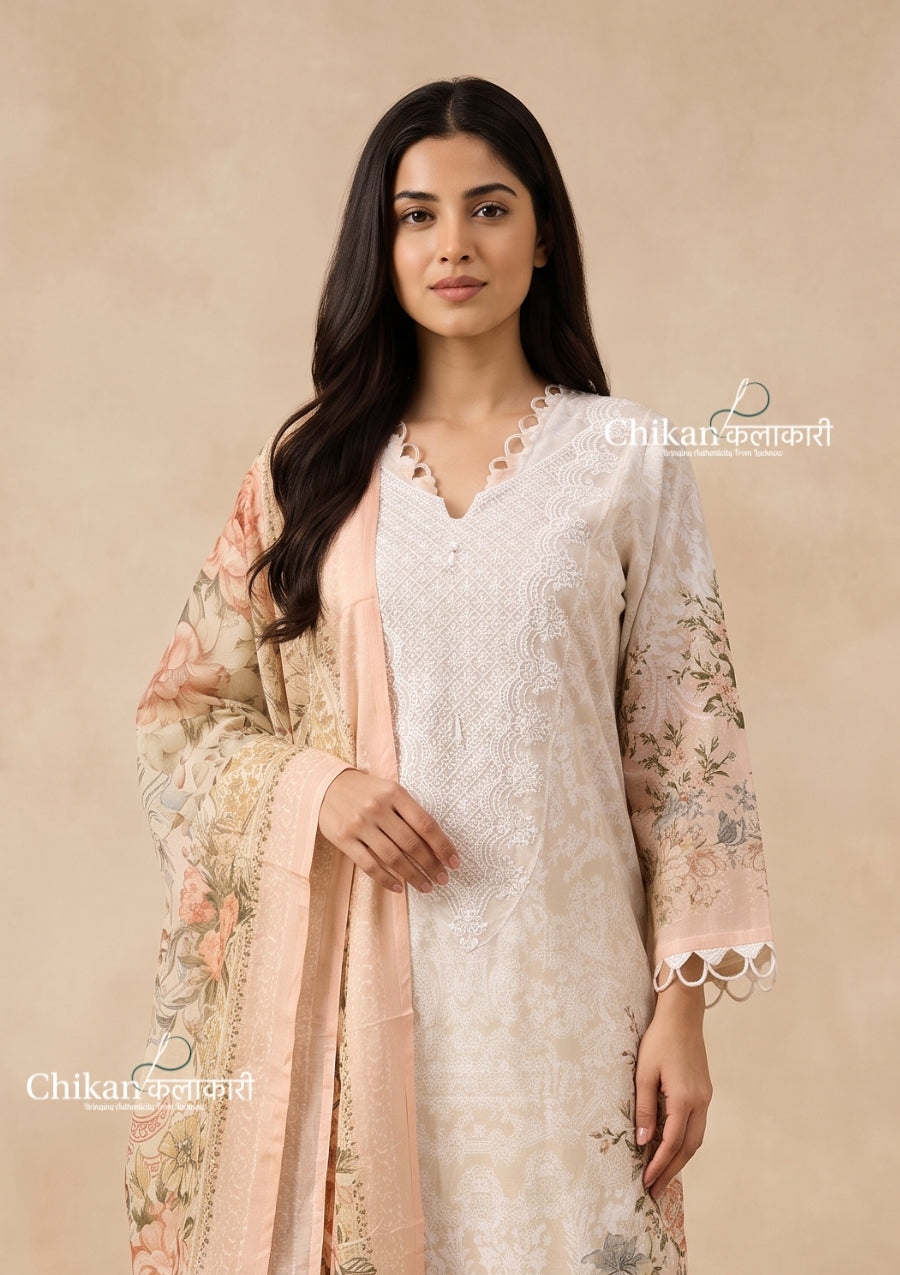 Ibaadat Cream Cotton Straight Suit Set With Dupatta