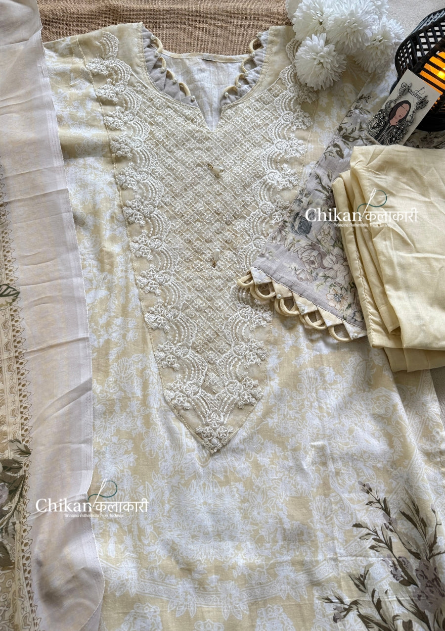 Ibaadat Beige Cotton Straight Suit Set With Dupatta