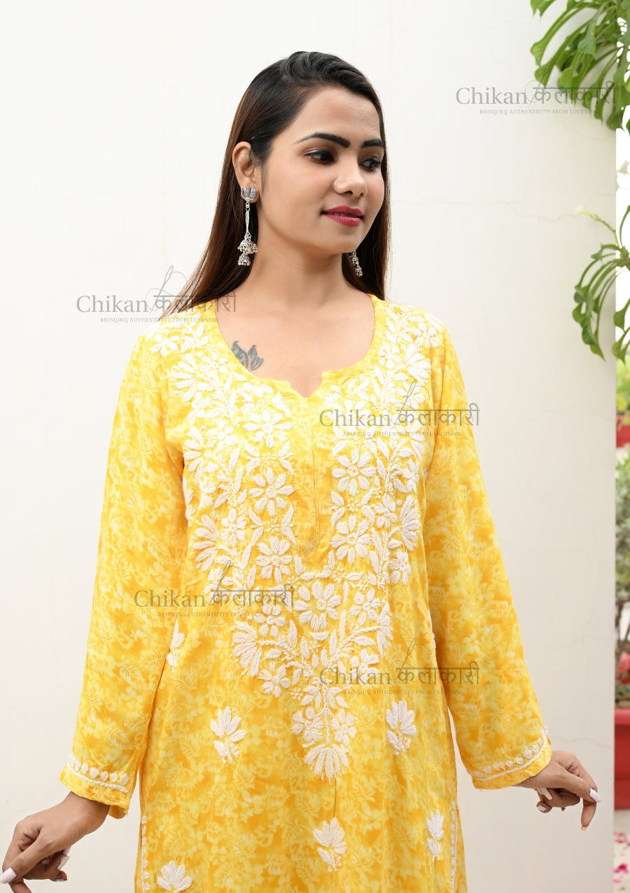 Imaara Printed Rayon Chikankari Kurta | lucknow chikan kurti | lakhnavi kurti | chicken curry kurta | house of chikankari