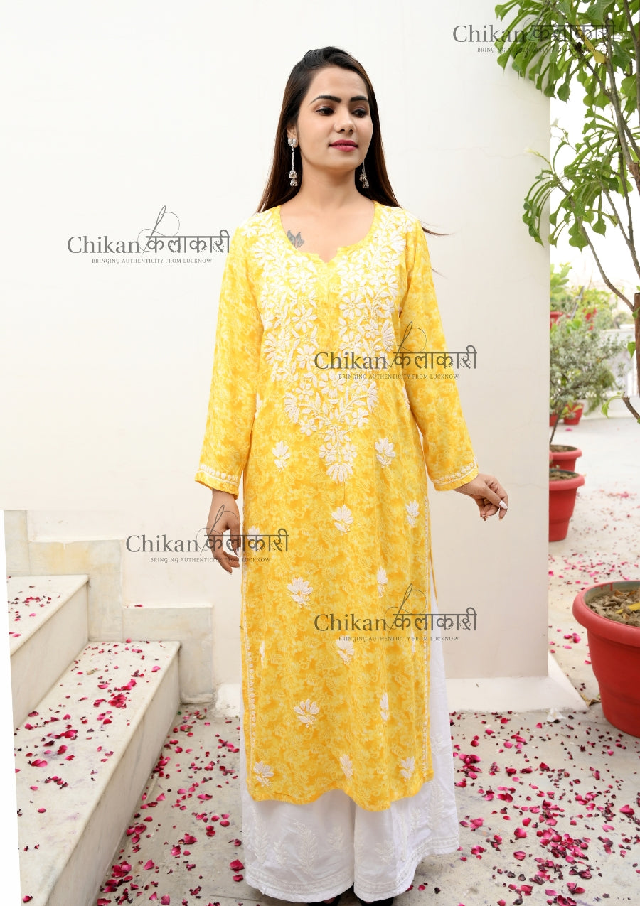 Imaara Printed Rayon Chikankari Kurti | lucknow chikan kurti | lakhnavi kurta | chicken curry kurti | house of chikankari