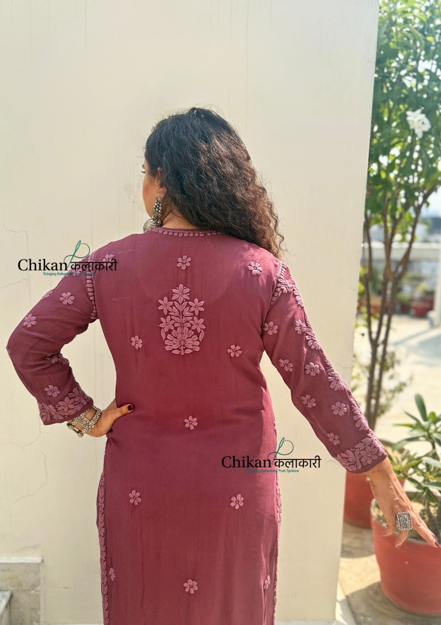 Inaaya Viscose Chikankari Kurti - Plum Rose