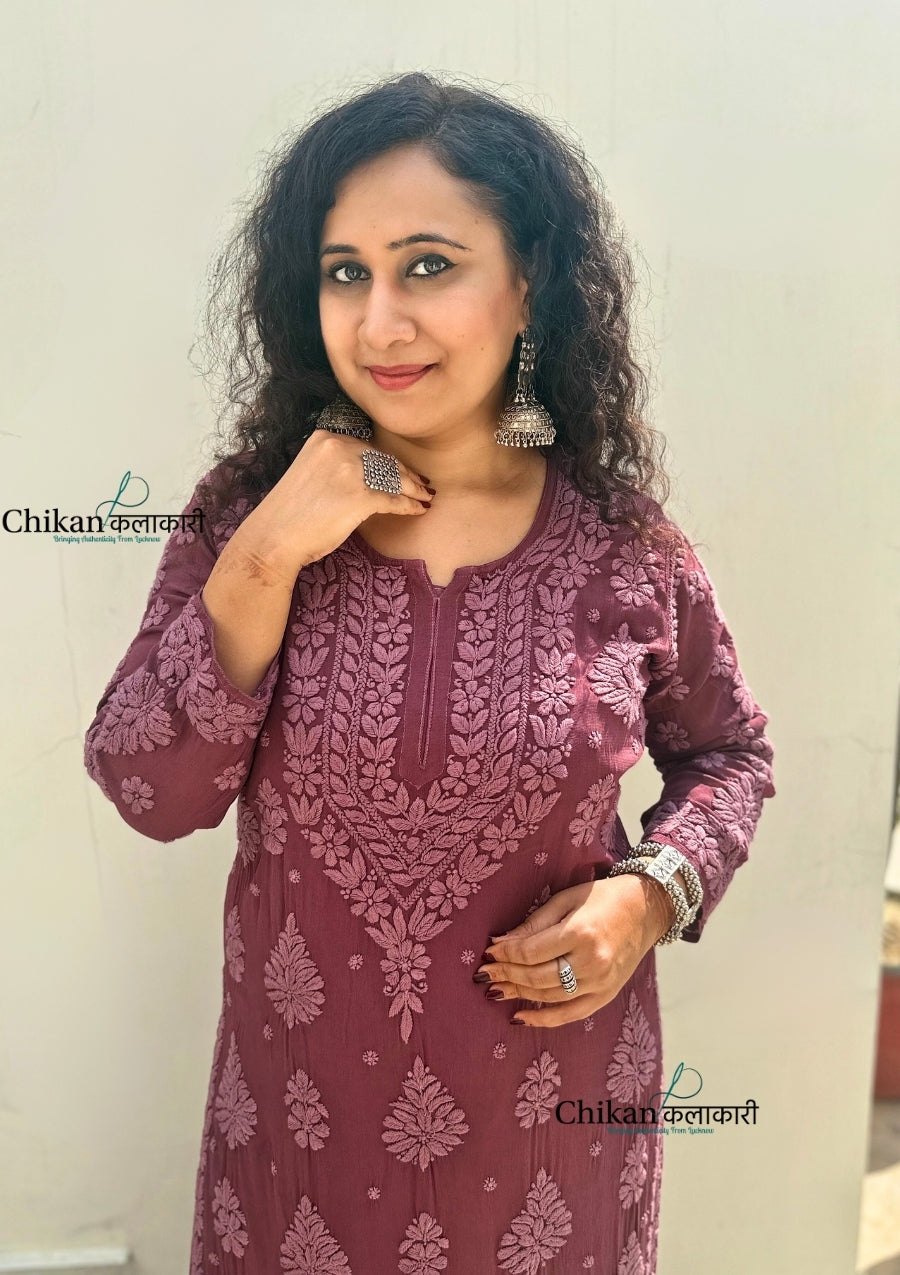 Inaaya Viscose Chikankari Kurti - Plum Rose