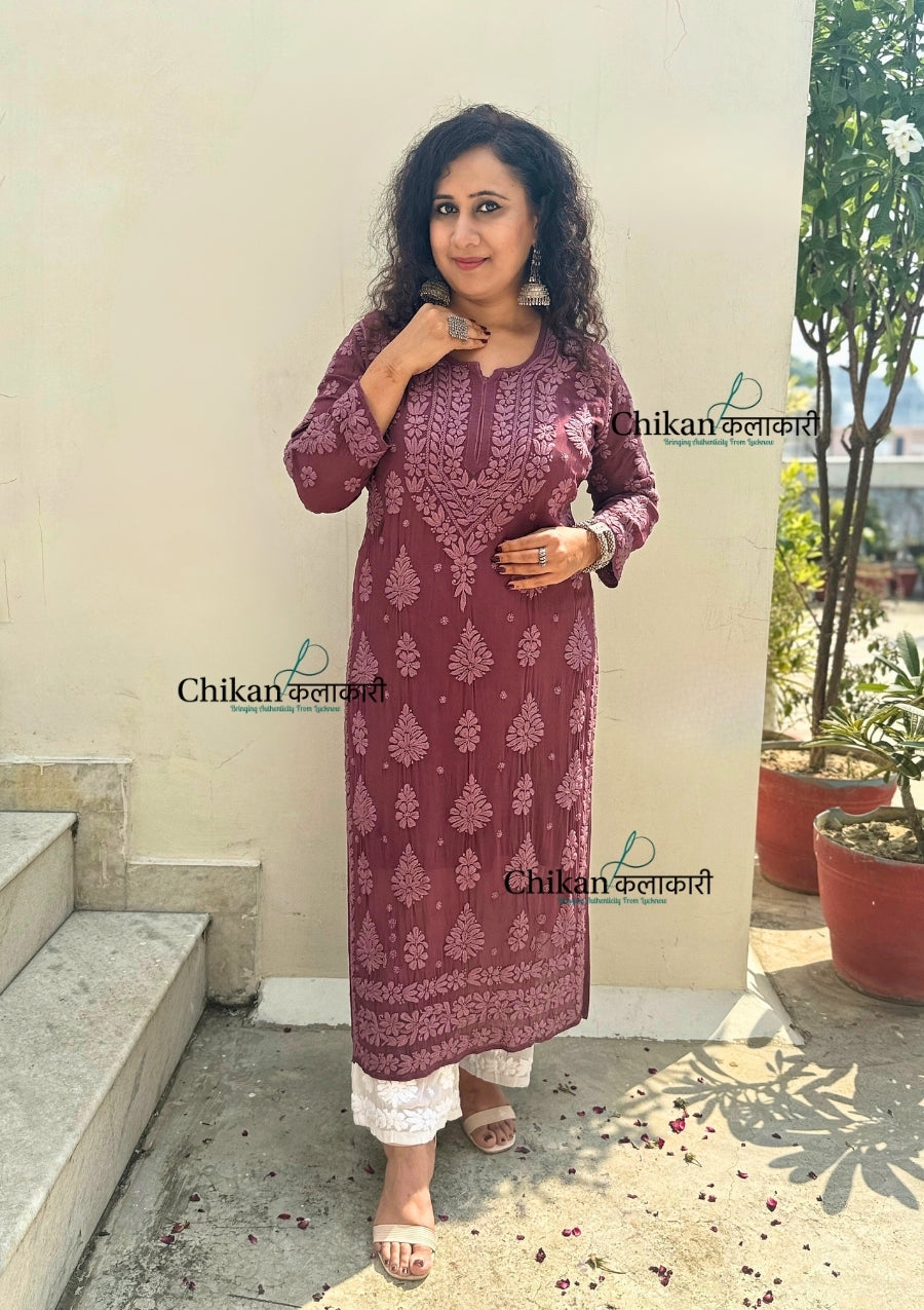 Inaaya Viscose Chikankari Kurti - Plum Rose