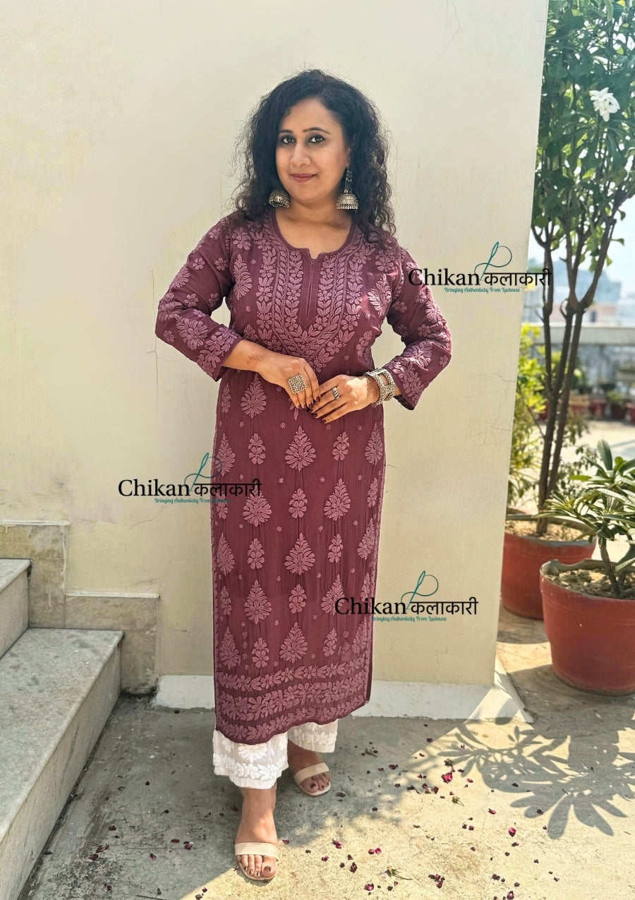 Inaaya Viscose Chikankari Kurti - Plum Rose