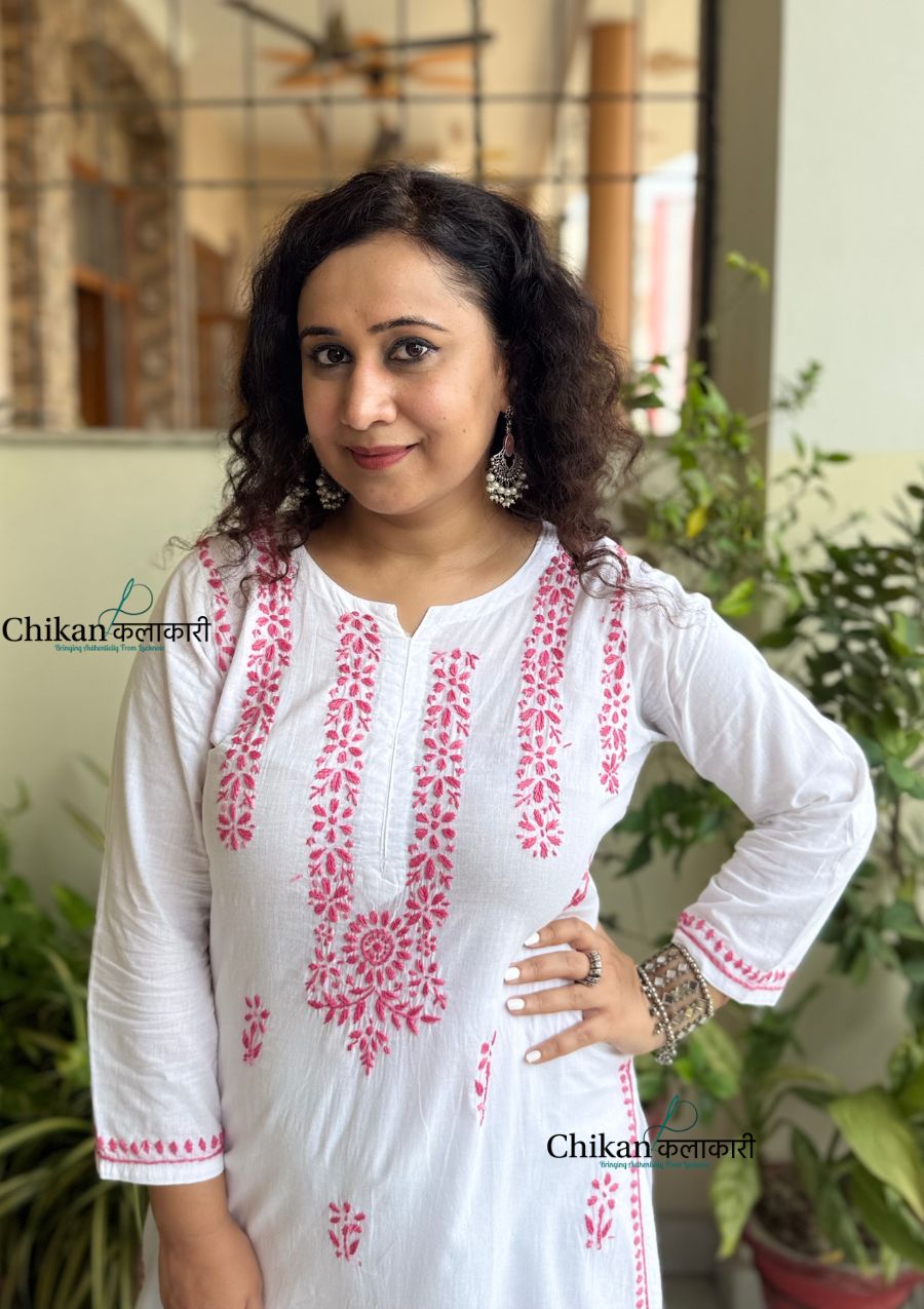 Inara Cotton White Chikankari Kurti - Pink