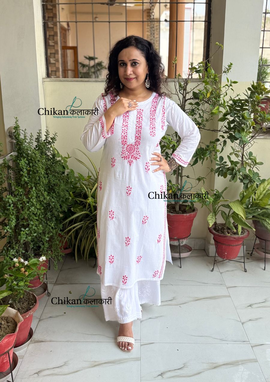 Inara Cotton White Chikankari Kurti - Pink