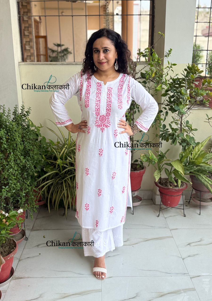 Inara Cotton White Chikankari Kurti - Pink