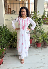 Inara Cotton White Chikankari Kurti - Pink