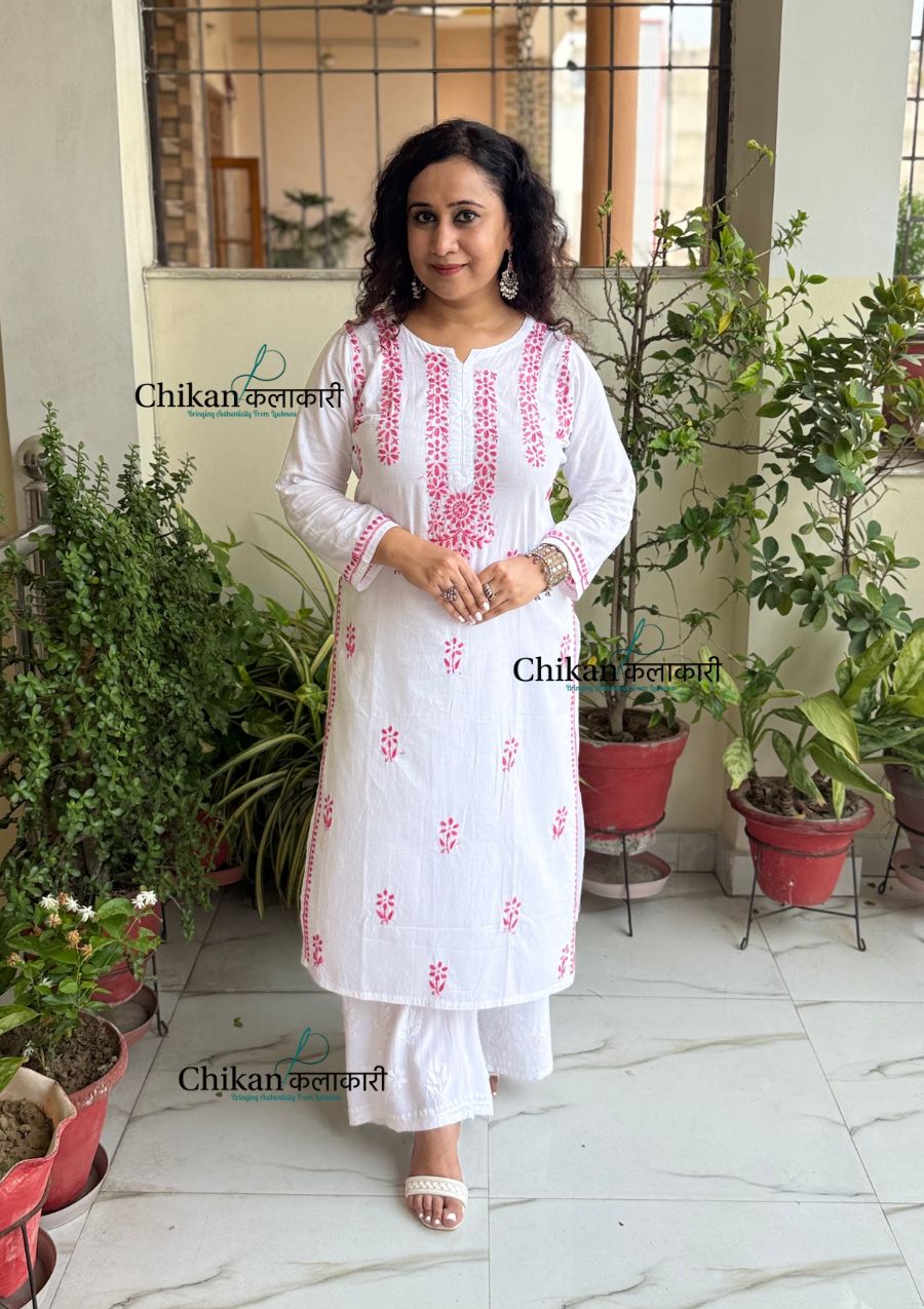 Inara Cotton White Chikankari Kurti - Pink