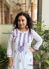 Inara Cotton White Chikankari Kurti - Purple