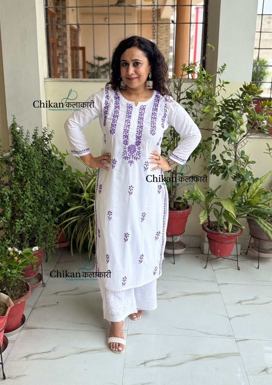 Inara Cotton White Chikankari Kurti - Purple