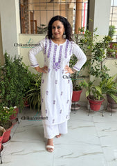 Inara Cotton White Chikankari Kurti - Purple