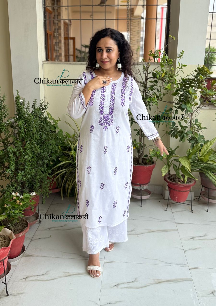 Inara Cotton White Chikankari Kurti - Purple