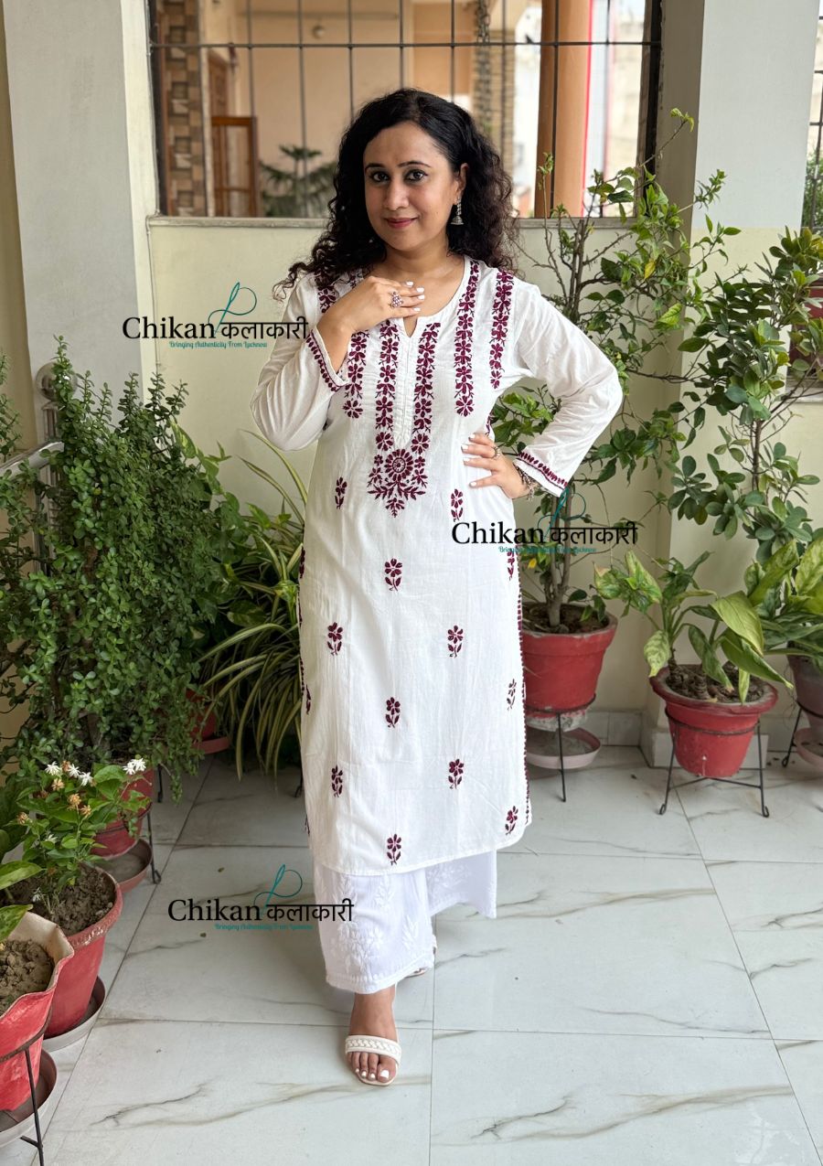Inara Cotton White Chikankari Kurti - Wine
