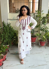 Inara Cotton White Chikankari Kurti - Wine
