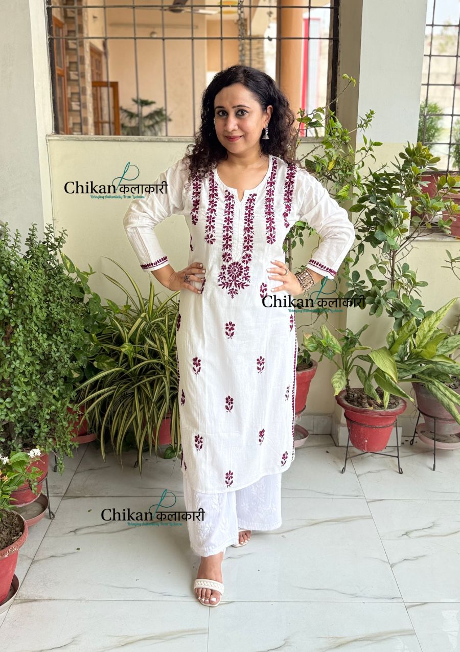 Inara Cotton White Chikankari Kurti - Wine