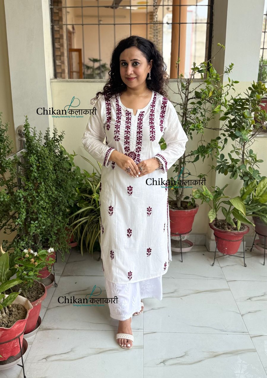 Inara Cotton White Chikankari Kurti - Wine