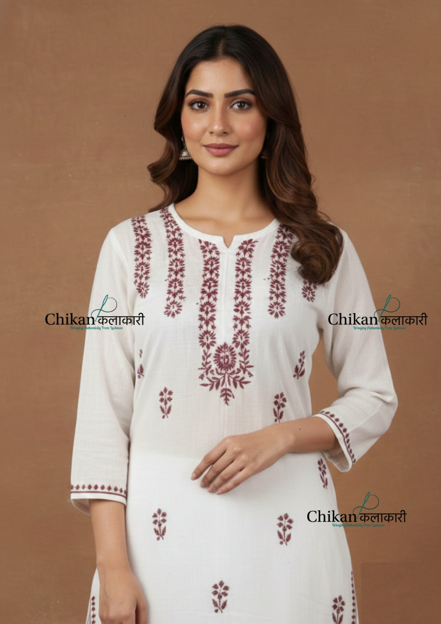 Inara Cotton White Chikankari Kurti - Magenta