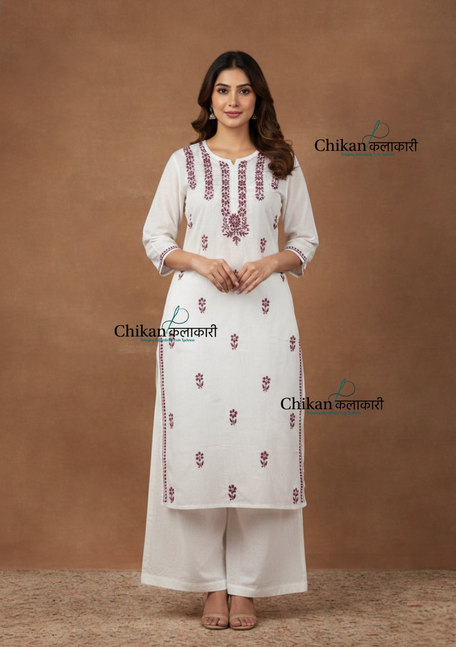 Inara Cotton White Chikankari Kurti - Magenta