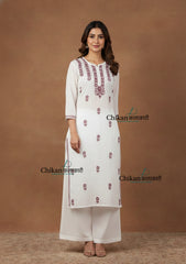 Inara Cotton White Chikankari Kurti - Magenta
