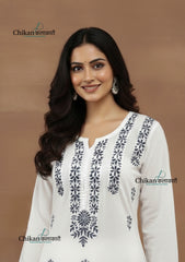 Inara Cotton White Chikankari Kurti - Teal Blue