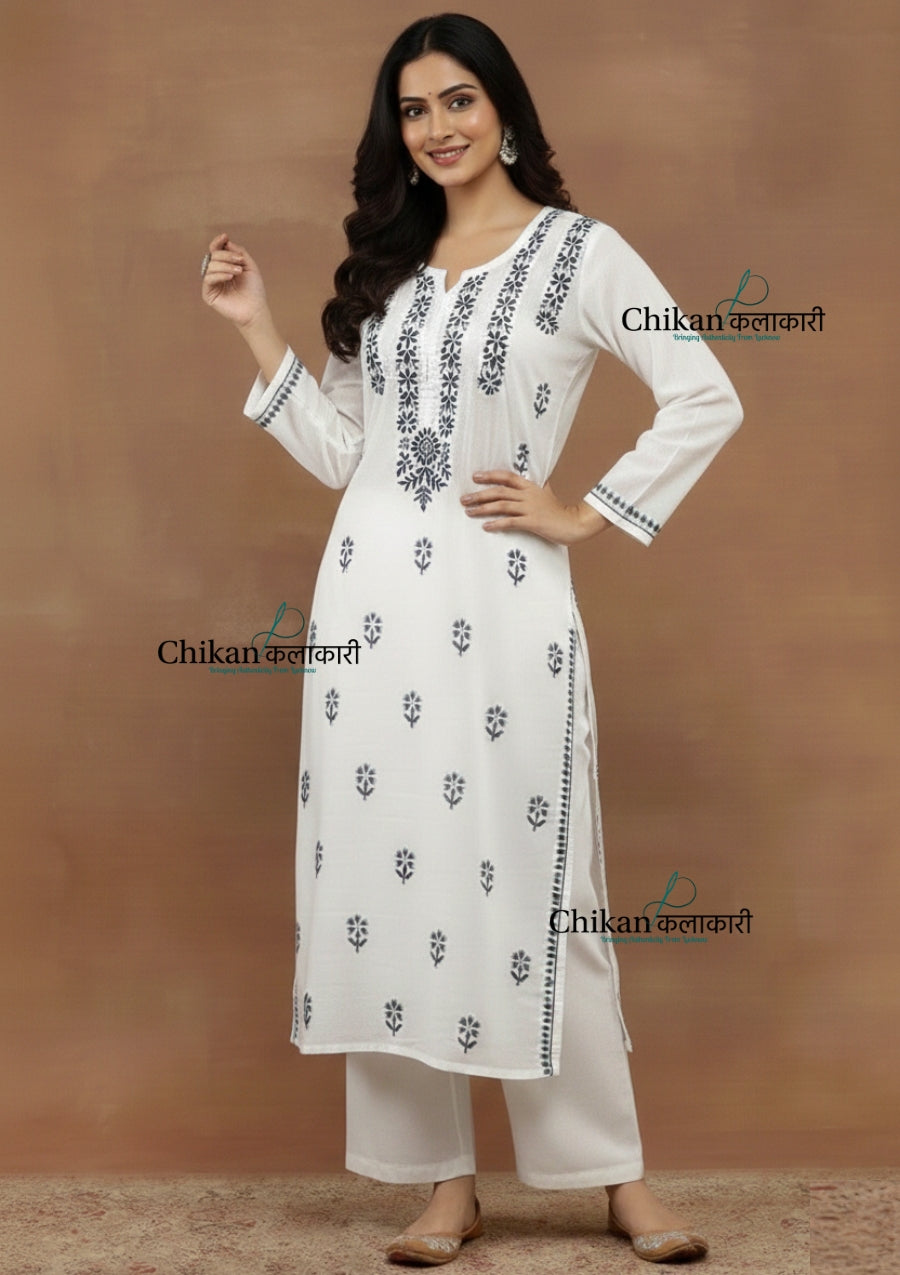 Inara Cotton White Chikankari Kurti - Teal Blue