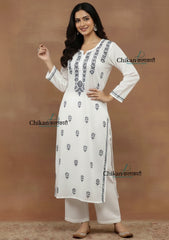 Inara Cotton White Chikankari Kurti - Teal Blue