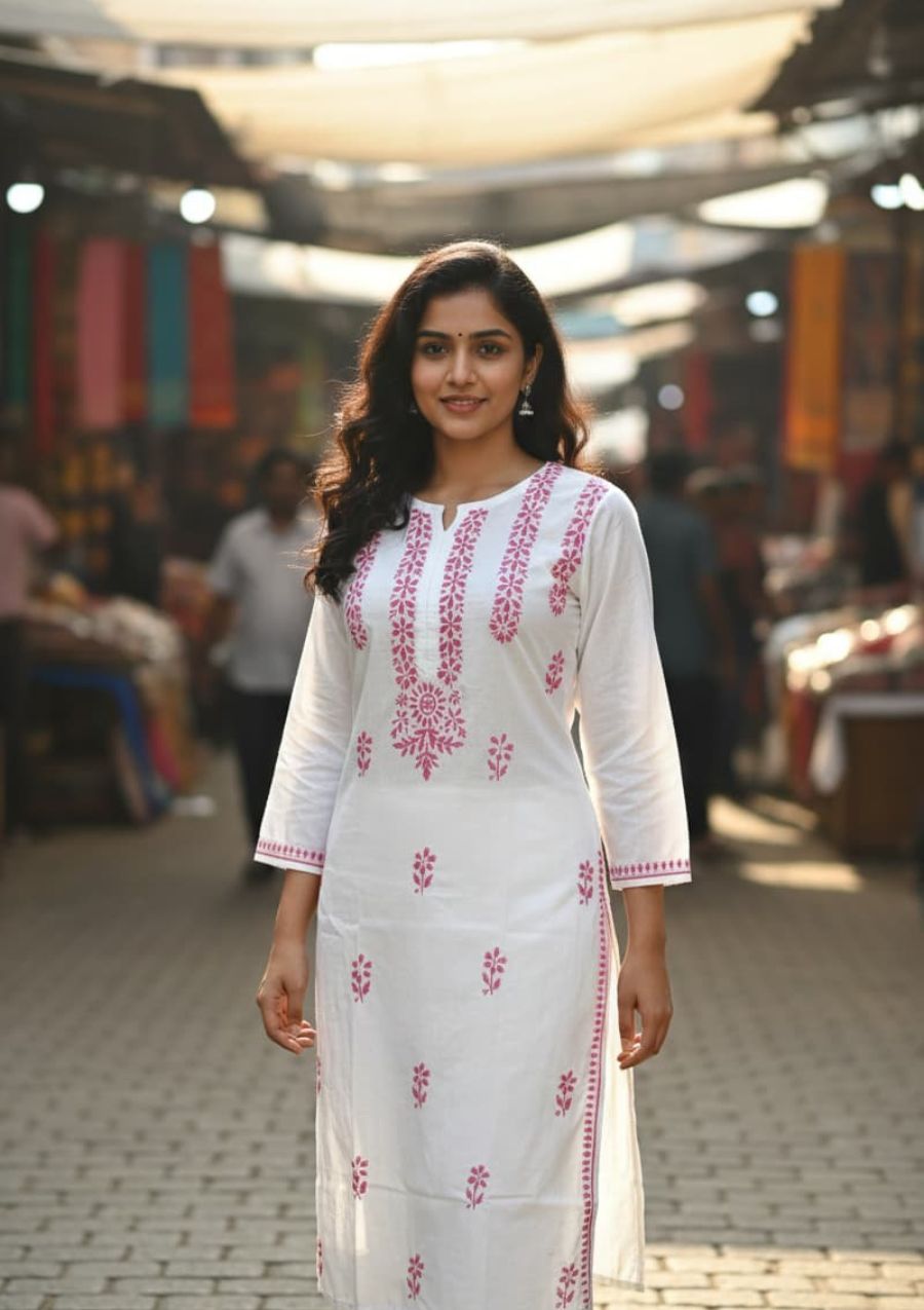 Inara Cotton White Chikankari Kurti - Pink