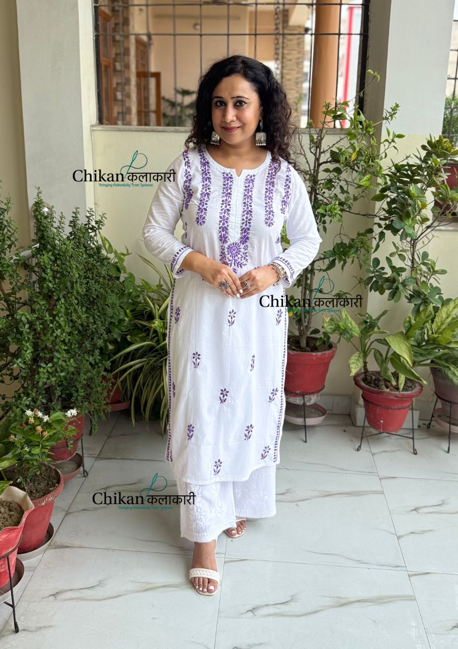 Inara Cotton White Chikankari Kurti - Purple