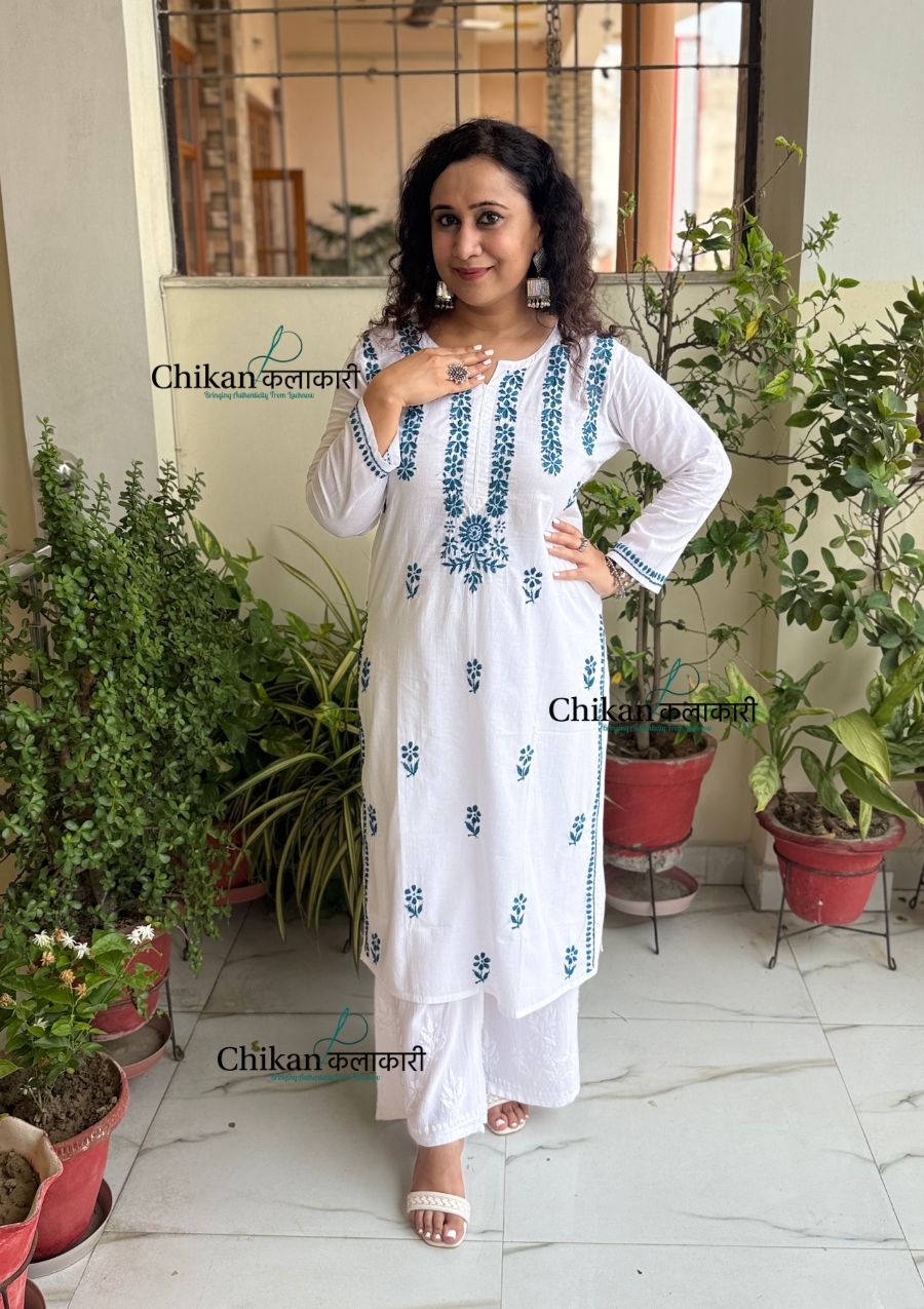 Inara Cotton White Chikankari Kurti - Teal Blue