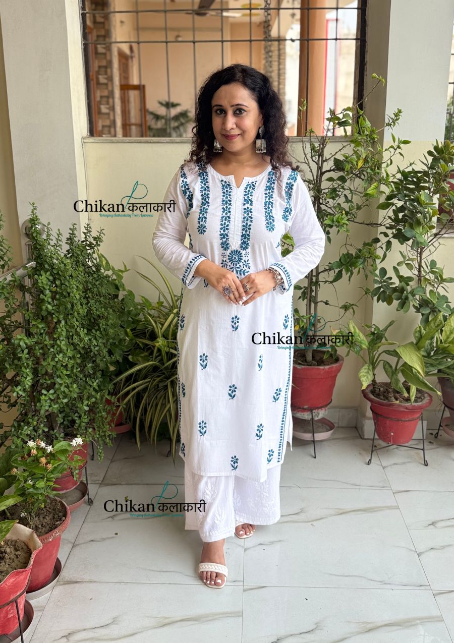 Inara Cotton White Chikankari Kurti - Teal Blue