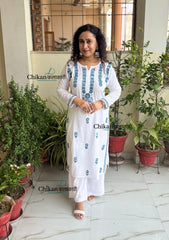 Inara Cotton White Chikankari Kurti - Teal Blue