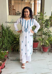 Inara Cotton White Chikankari Kurti - Teal Blue