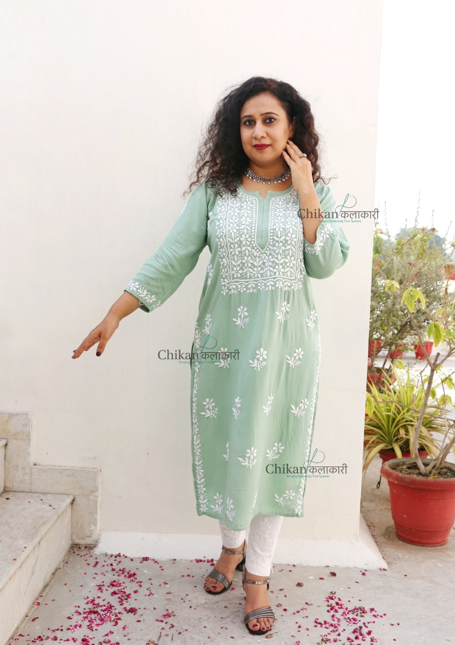 Iqra Rayon Chikankari Kurti - Green