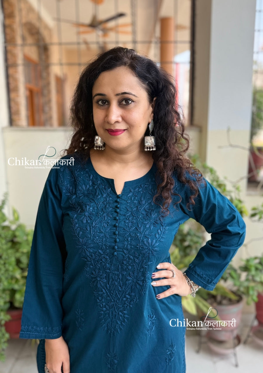 Ira Cotton Chikankari Kurti - Blue
