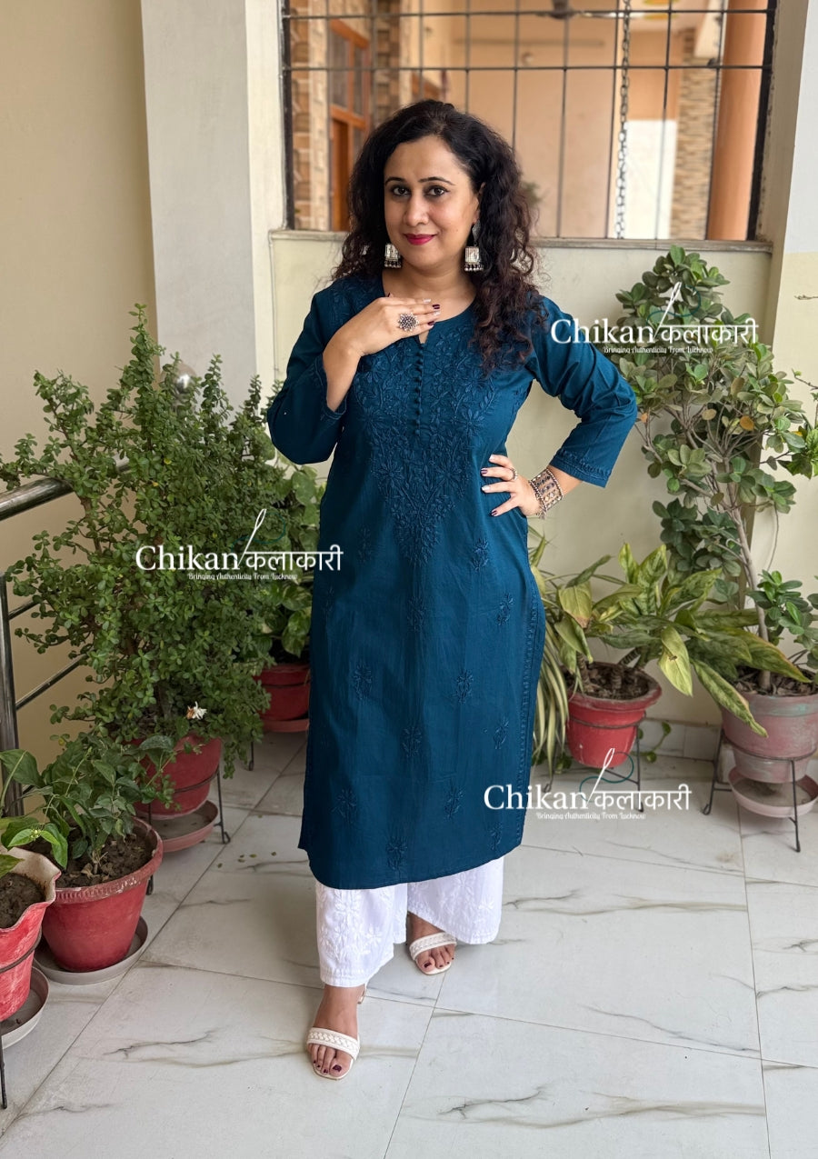 Ira Cotton Chikankari Kurti - Blue